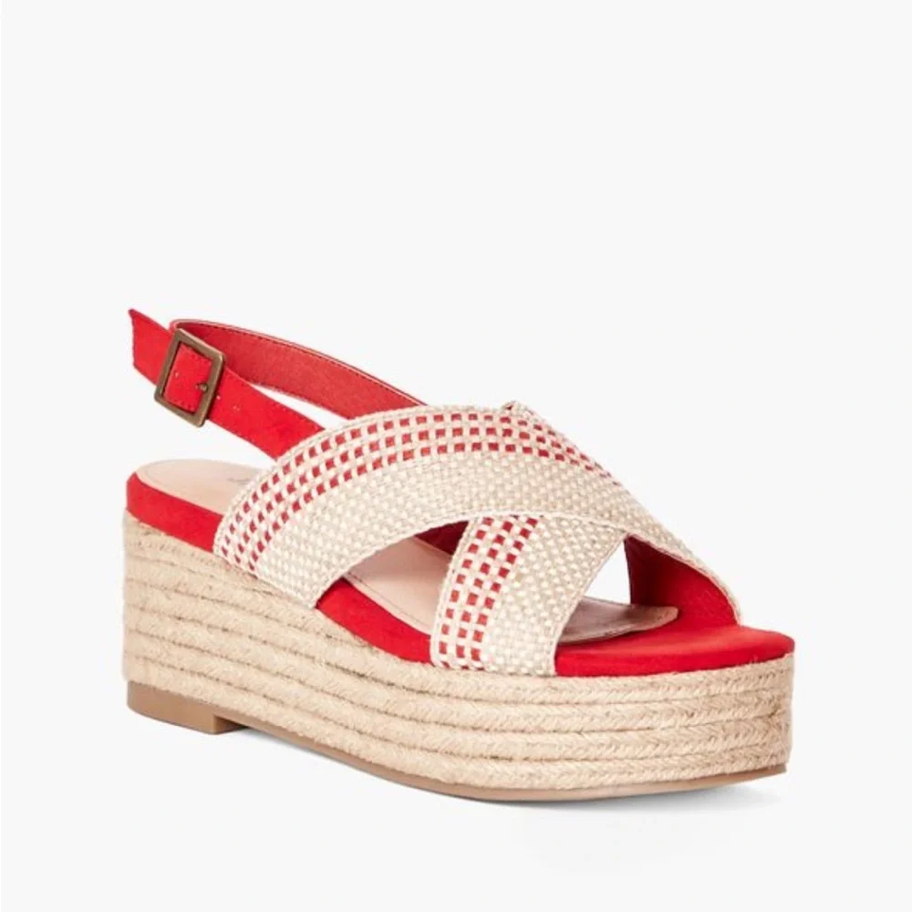 Justfab Red and Cream Woven Aura Platform Sandals